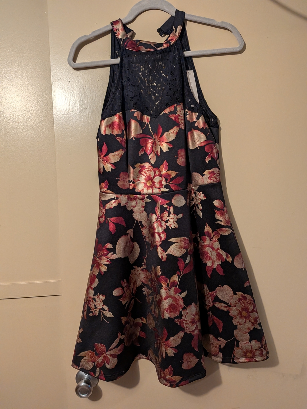 Francesca's Black Lace Overlay Dress with Metallic Floral Accents